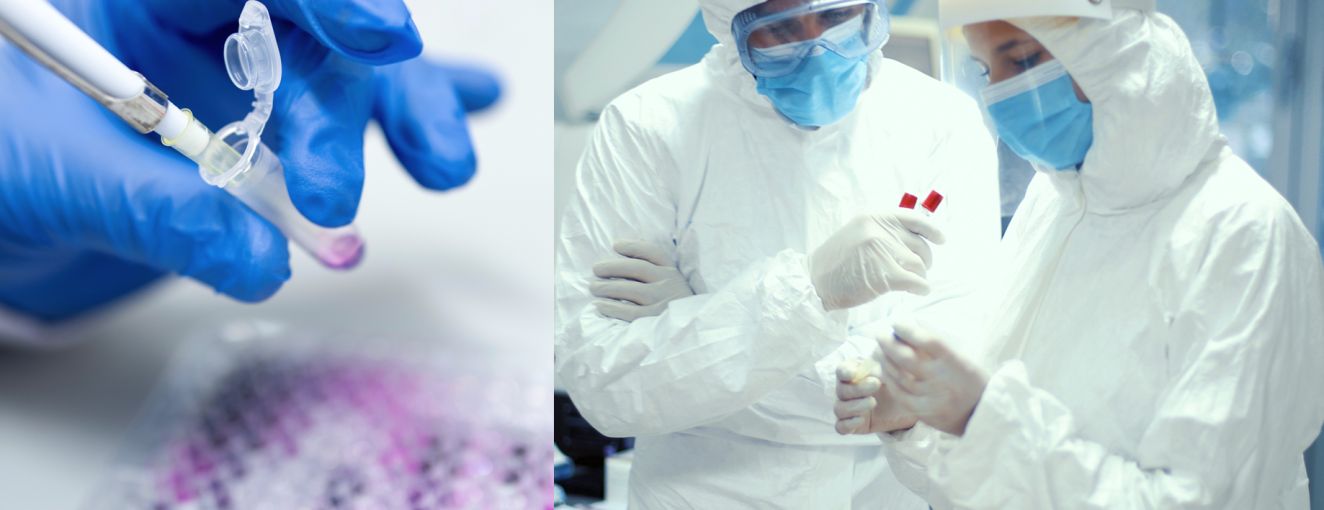 Bioengineering-96 well plate, Scientist in lab coat and gloves